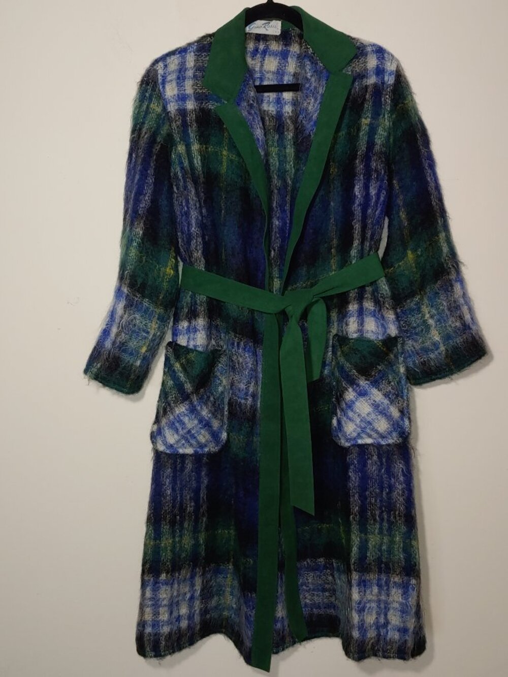 Roma GINO ROSSI VTG 1970s Tartan Plaid  Mohair Belted Coat Size M/L Green